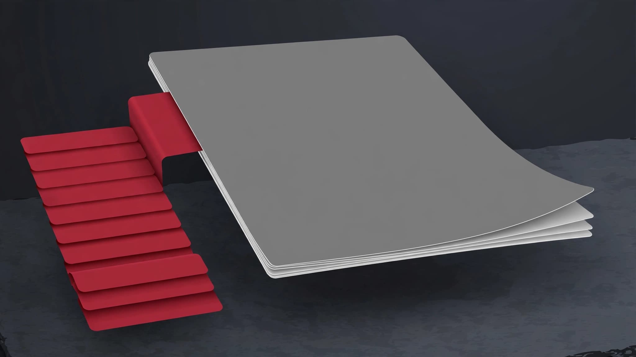 Crimson bookmark navigation sidebar unfolding from a floating PDF document on a dark desk