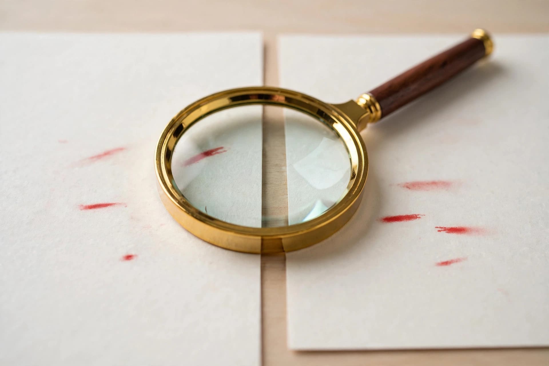 Two documents side by side with a magnifying glass revealing subtle highlighted differences