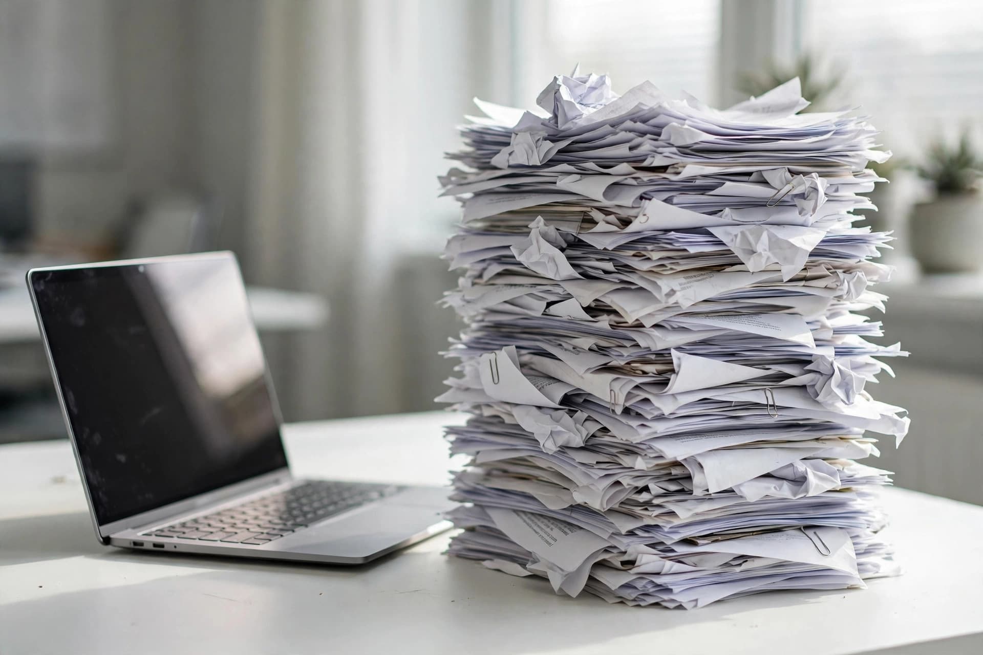A large stack of paper next to a slim folder, showing the idea of making files smaller