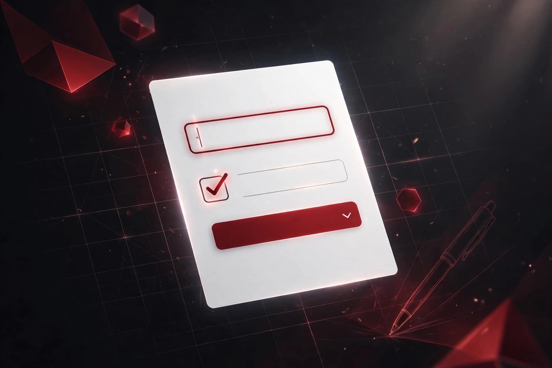 Floating PDF page with glowing text input fields, checkbox and dropdown, in deep crimson red and dark charcoal