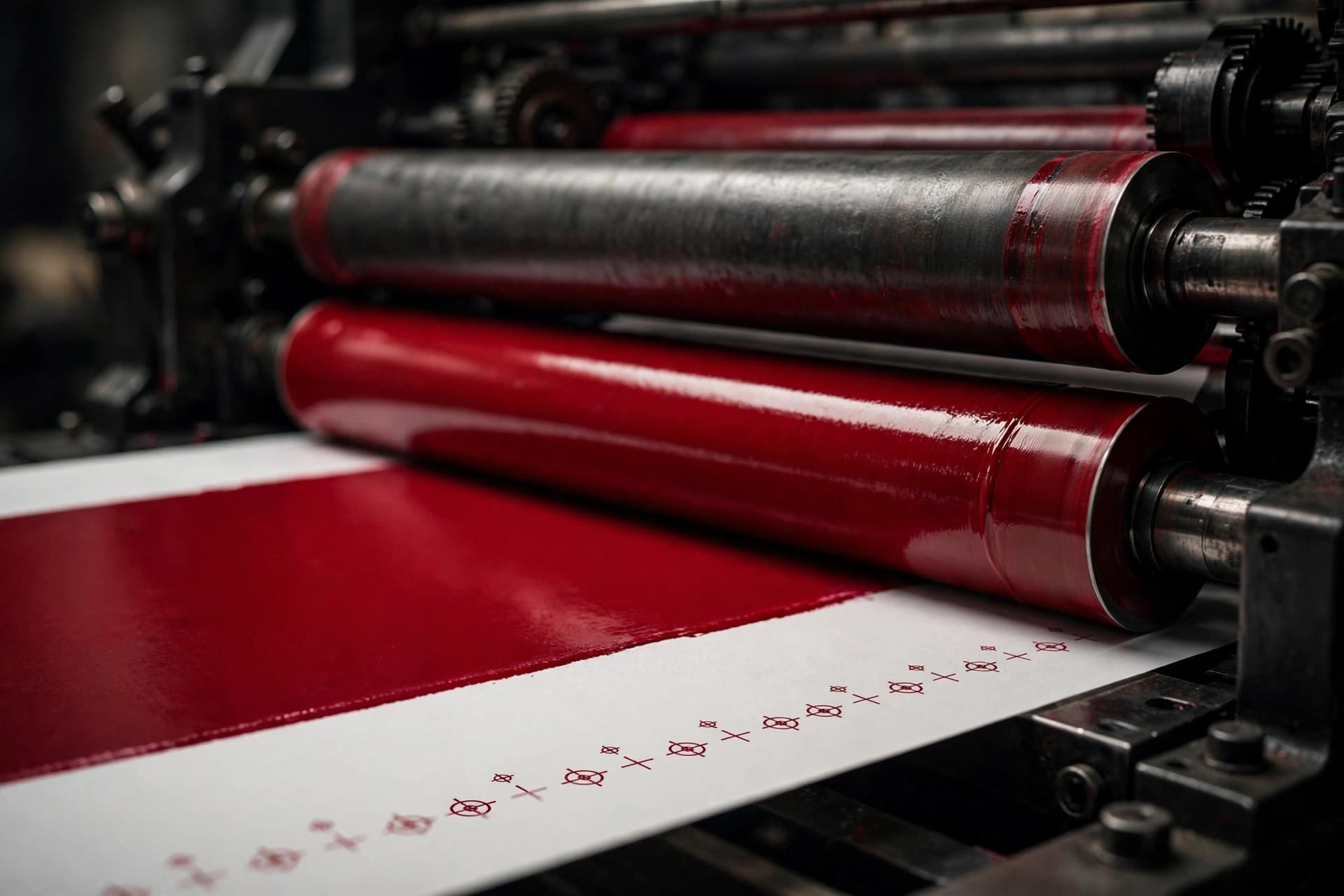 Offset printing press rollers laying crimson-red ink onto paper sheets with registration marks