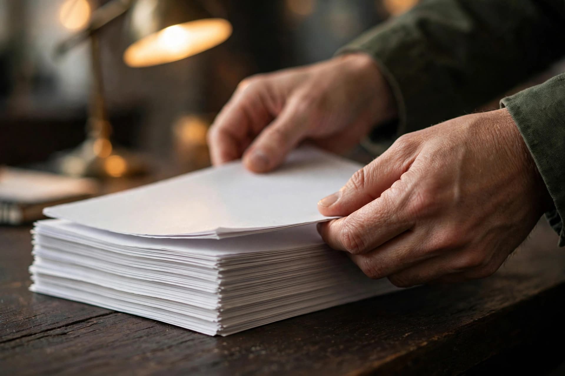 Several printed pages being stacked together into a single neat pile