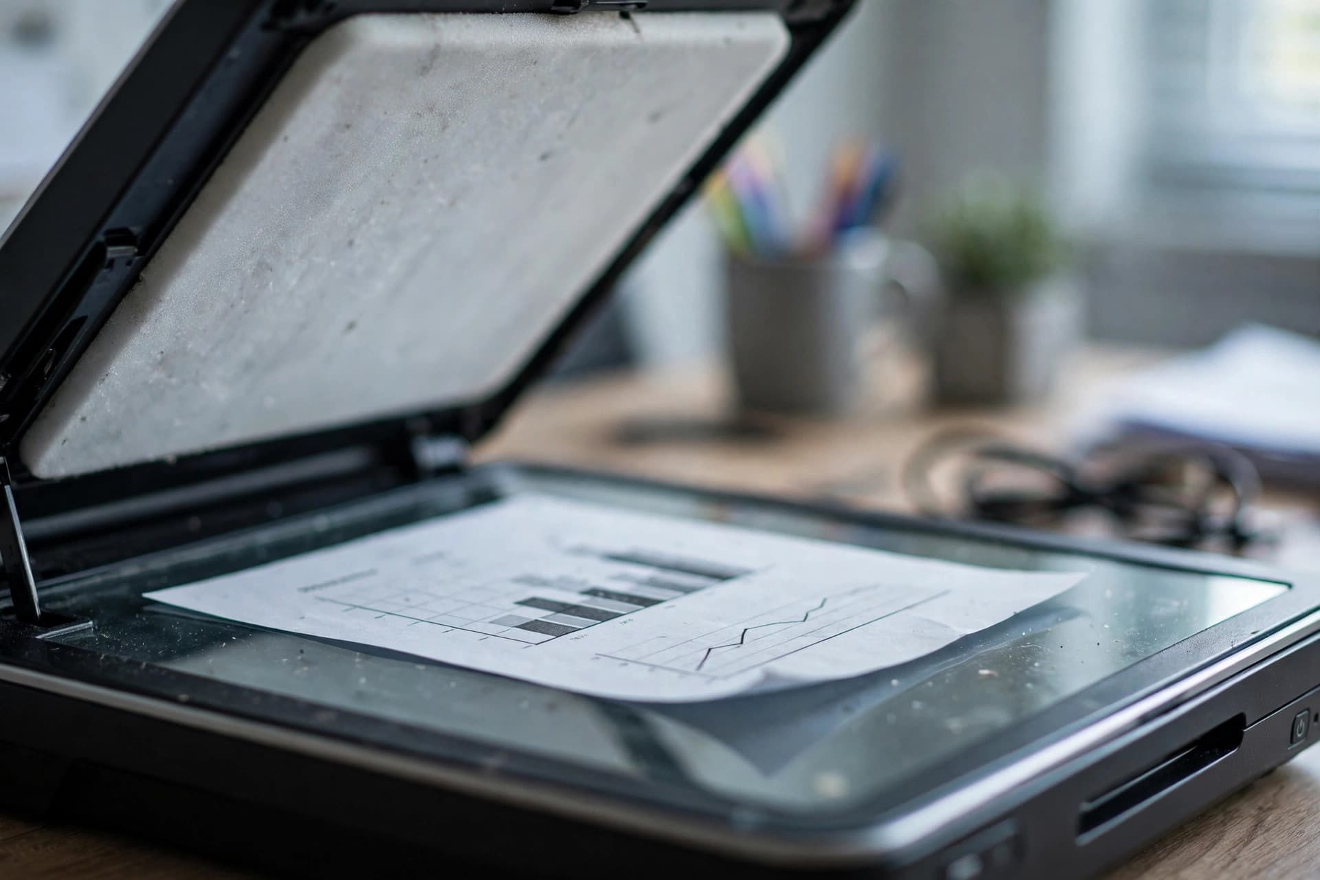 A flatbed scanner digitizing a paper document next to a laptop