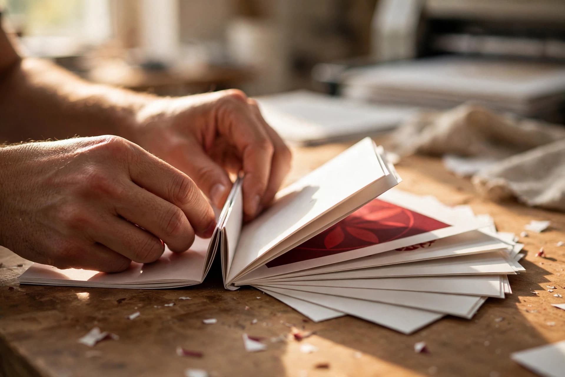 Hands folding a freshly printed booklet along its spine, with a crimson-red page design visible
