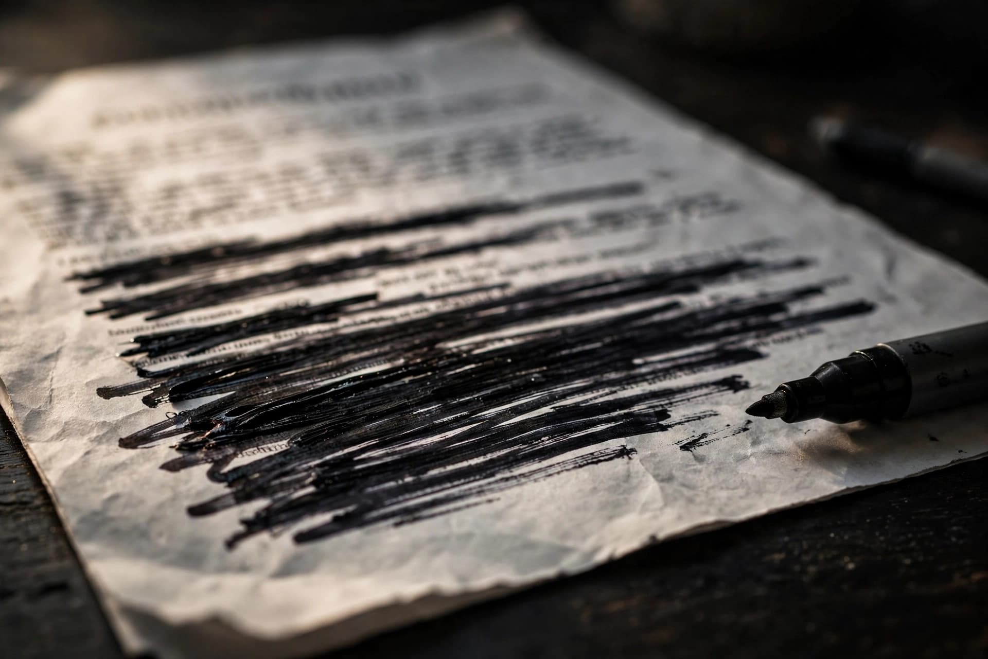A printed legal contract with sensitive lines permanently blacked out with a marker