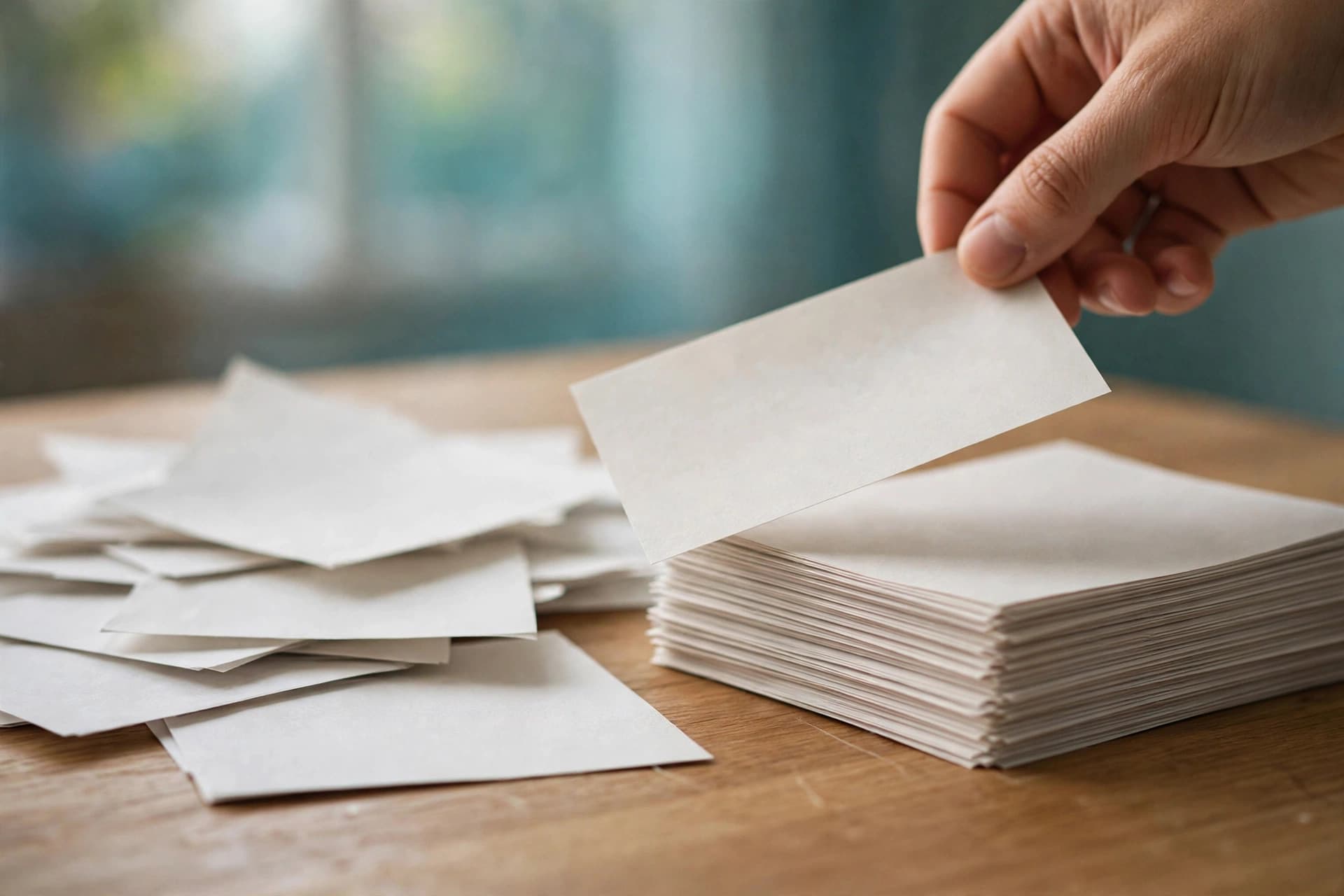 A messy stack of printed pages with several identical duplicates fanned out beside a neat single pile