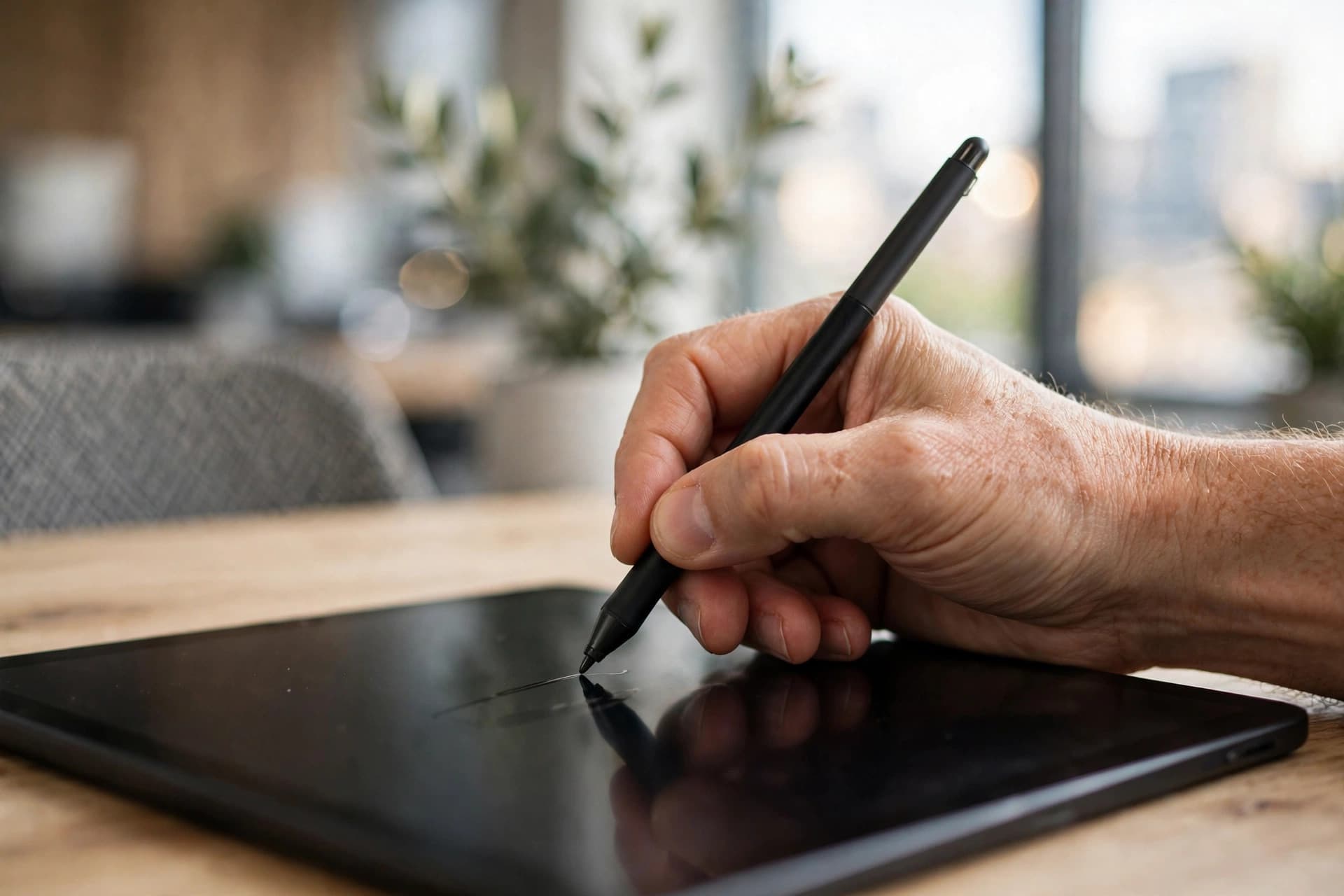 A hand signing a document on a tablet with a stylus pen