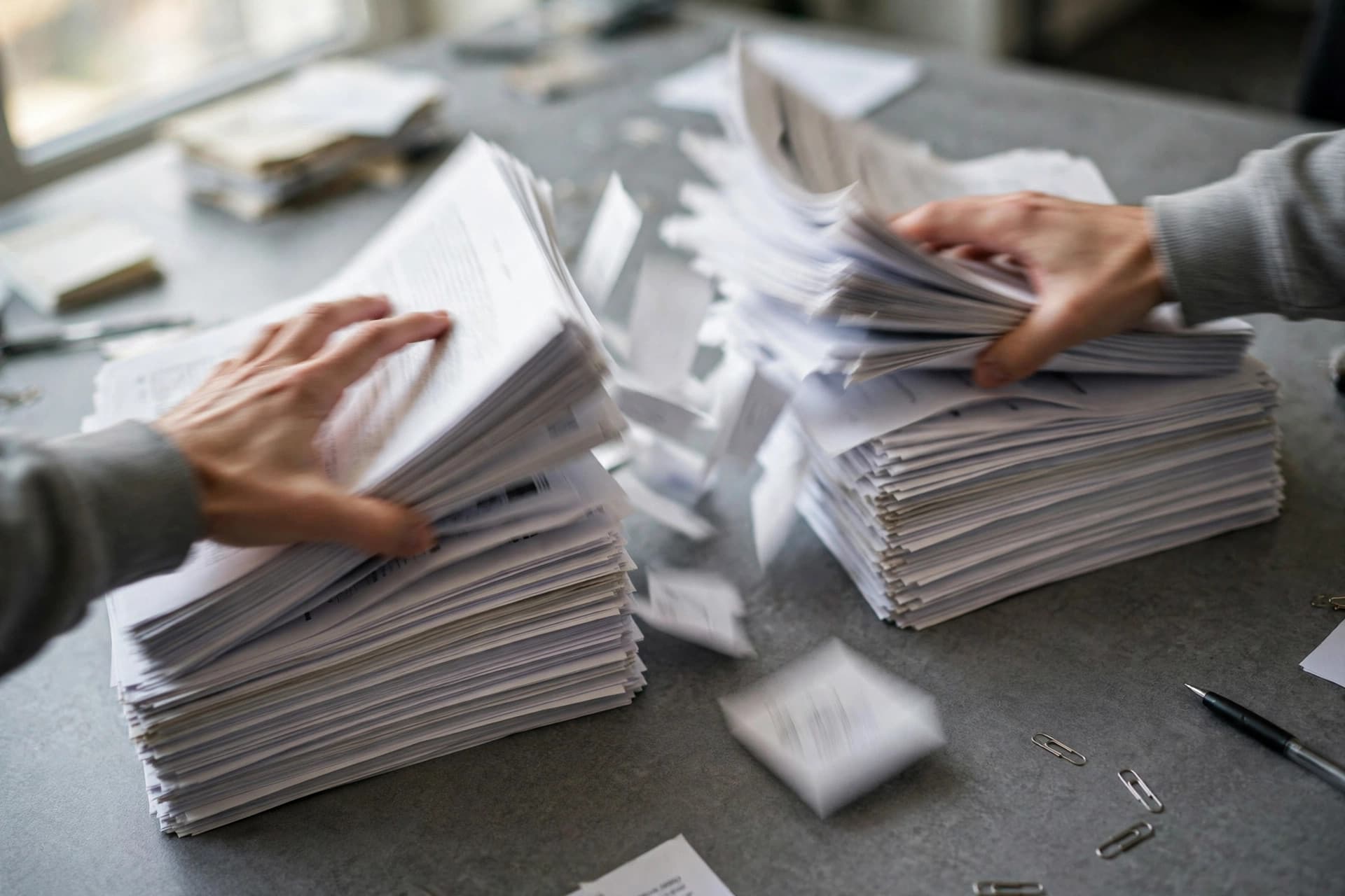 A person separating printed document pages on an office desk