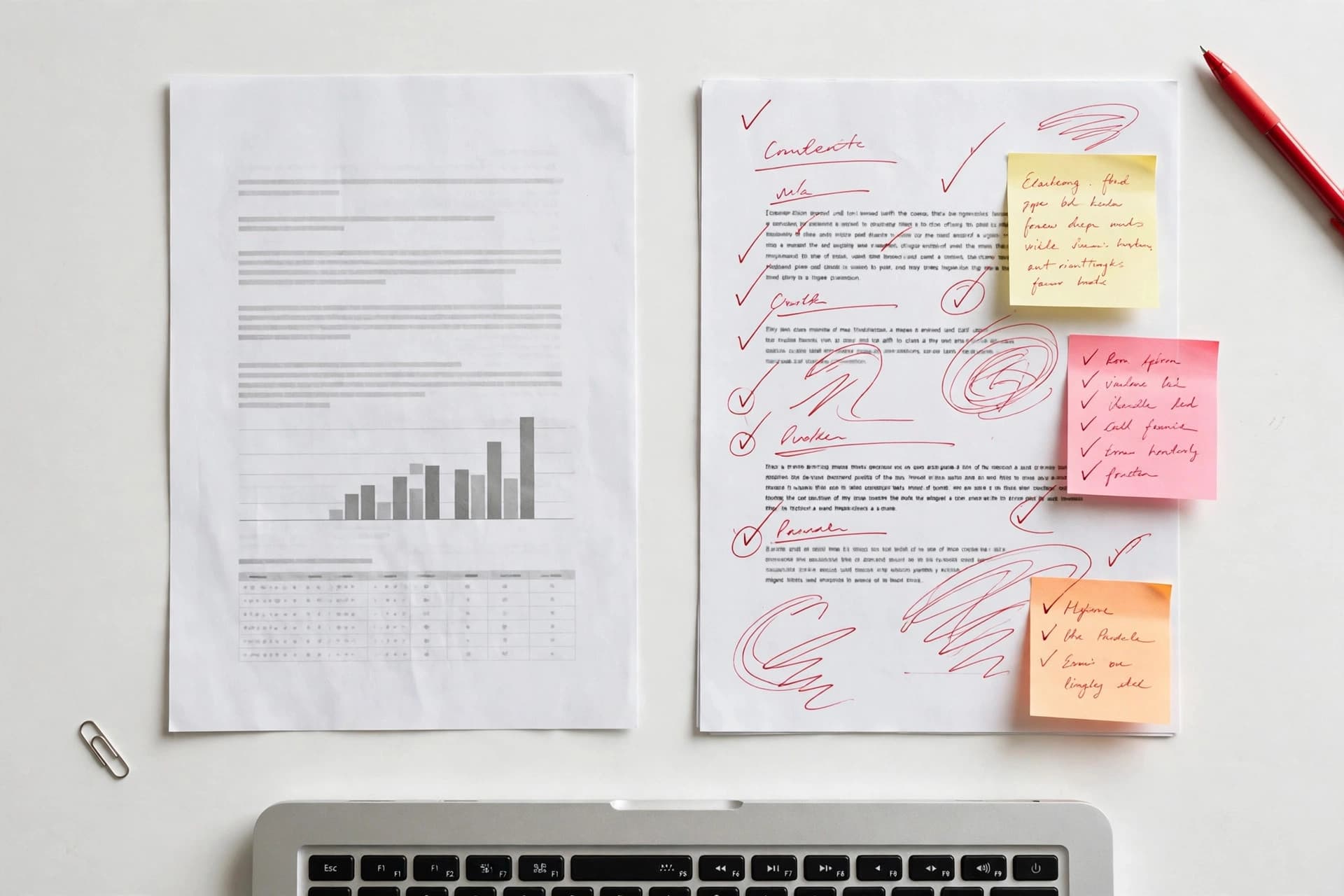 Two documents side by side on a desk, one labeled PDF and one a Word document being edited