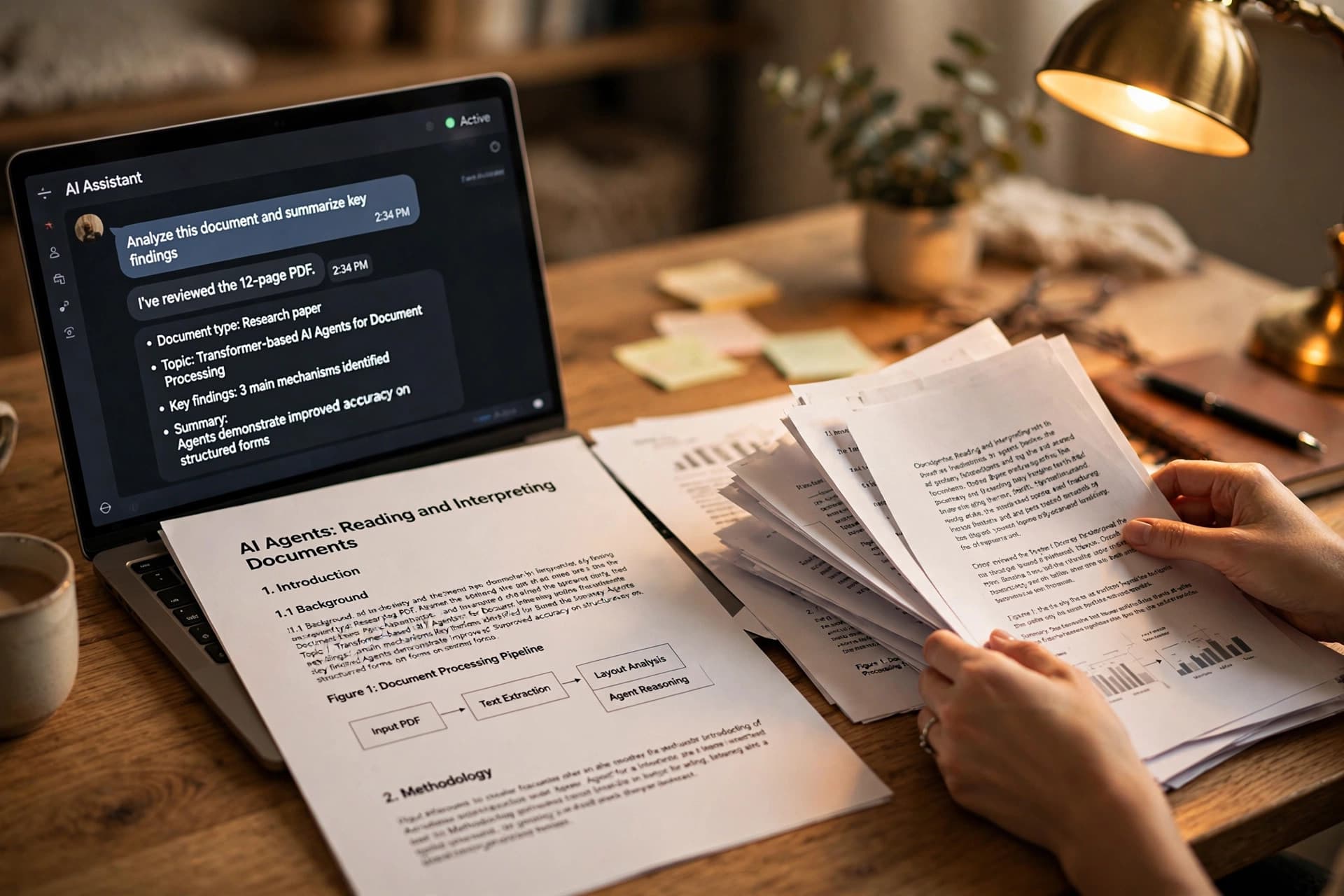 A laptop screen showing an AI assistant chat beside a PDF document, with a hand preparing printed pages on a desk