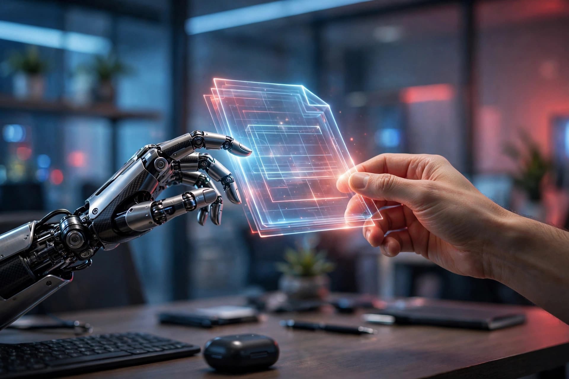 A friendly robot assistant helping organize and read a stack of PDF documents