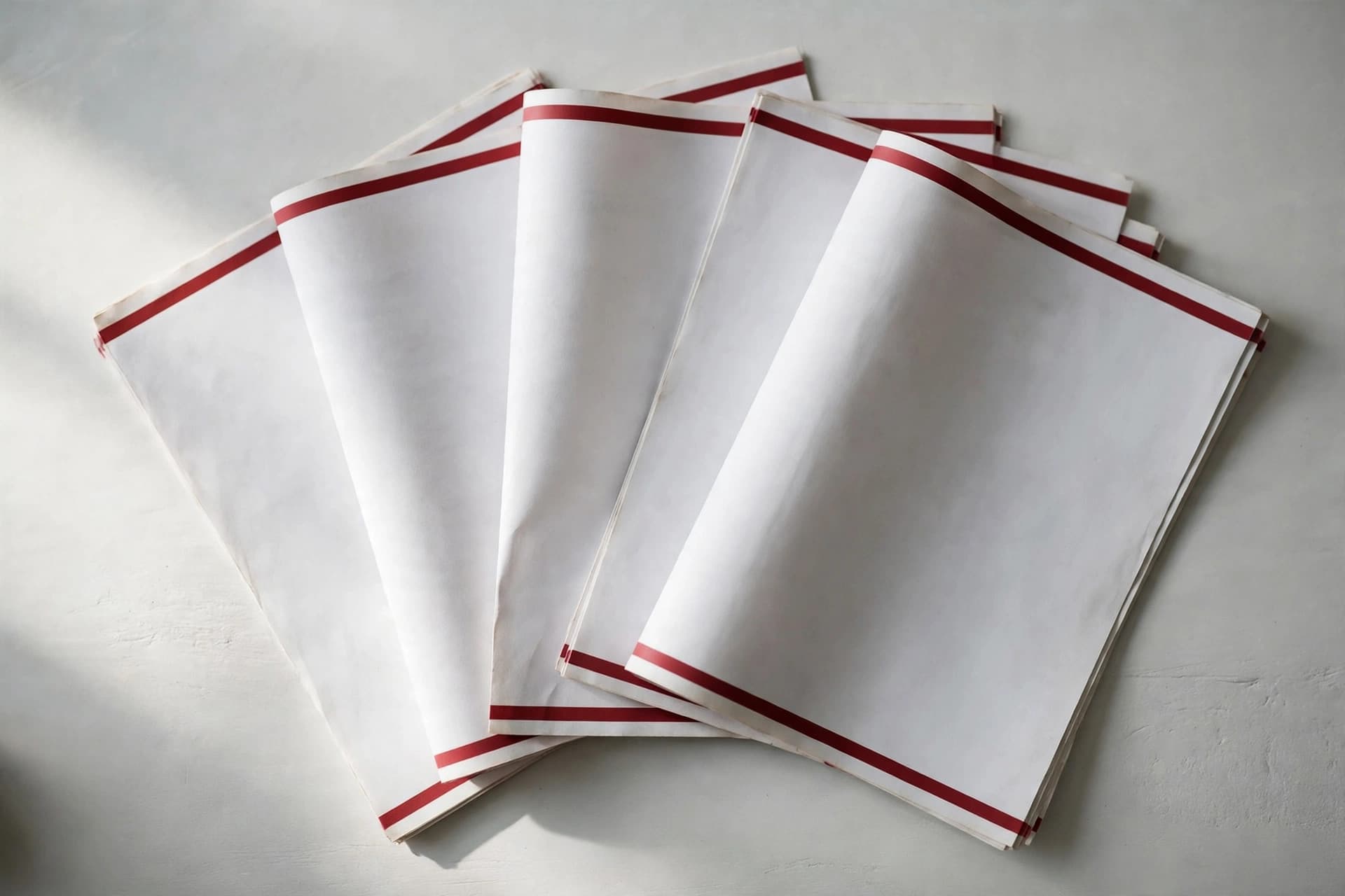 A desk scene with a multi-page report fanned out, each page showing a slim crimson header band and footer strip
