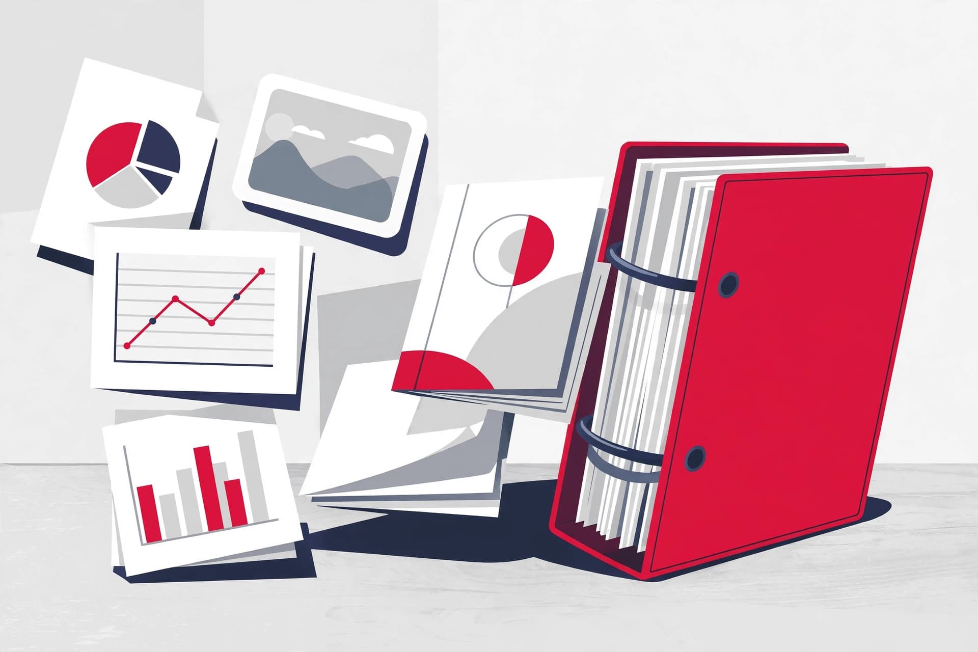 Illustration of documents and charts assembling into a crimson portfolio binder