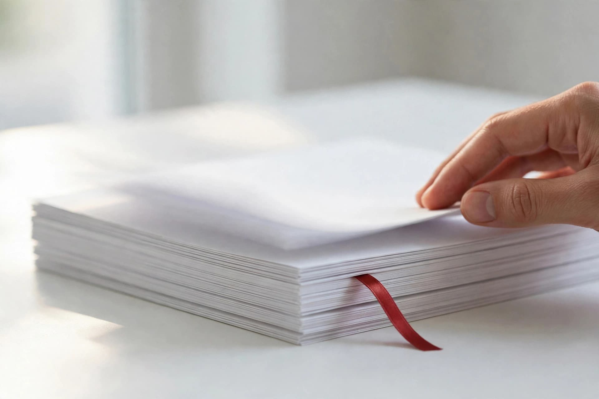 Hand sliding a page into a stack of documents marked with a crimson-red ribbon bookmark