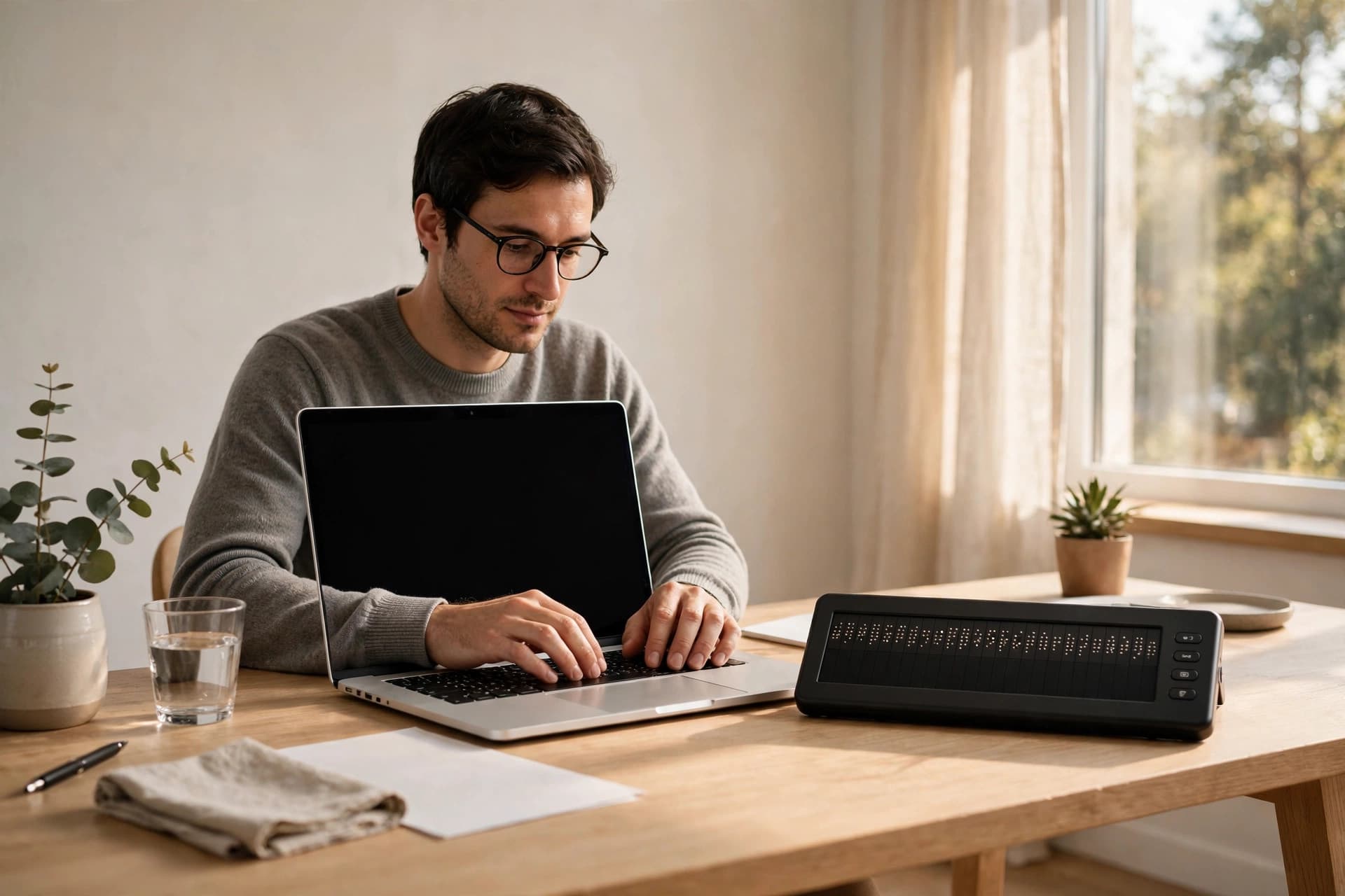 A person working at a laptop next to a braille display, representing assistive technology for reading documents