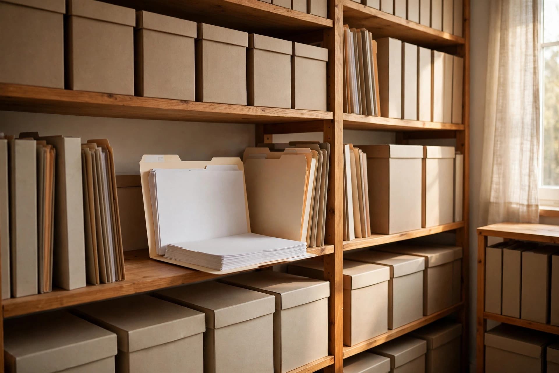 Wooden archive shelves filled with labeled document boxes and folders for long-term storage