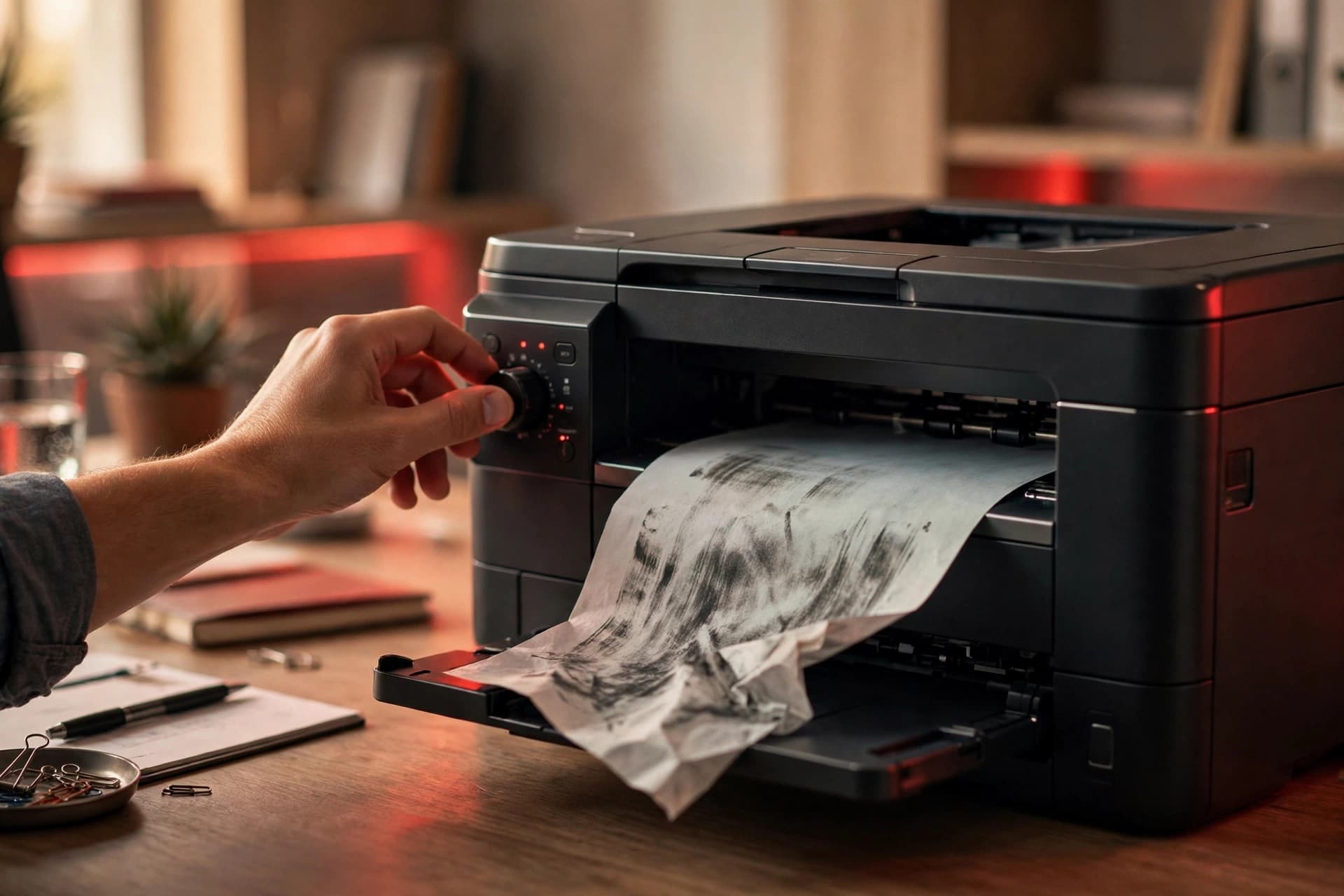 A printer with a misprinted document showing text cut off at the edges, illustrating common PDF printing problems