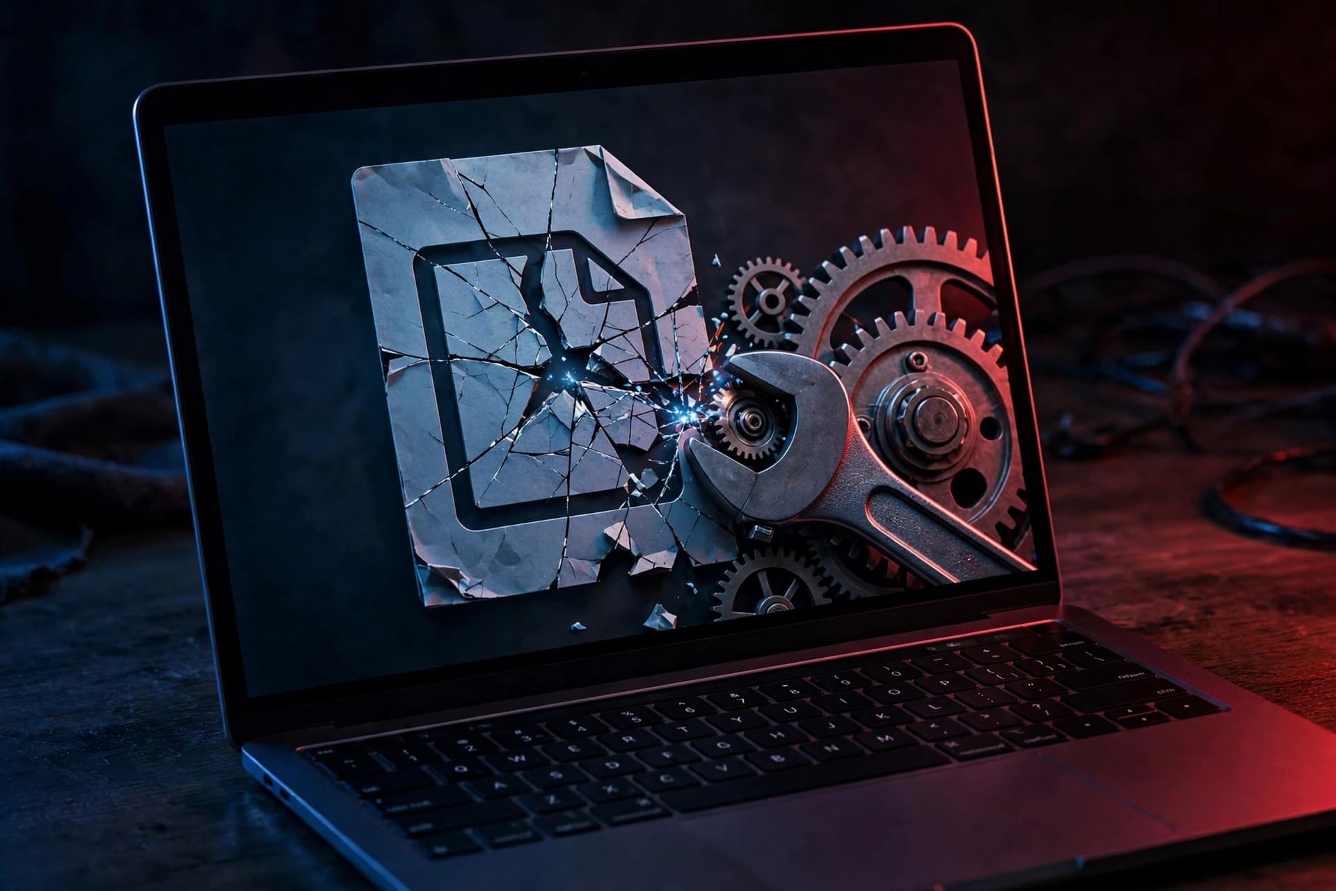 A cracked PDF document icon with a wrench beside it, showing the idea of repairing a broken file