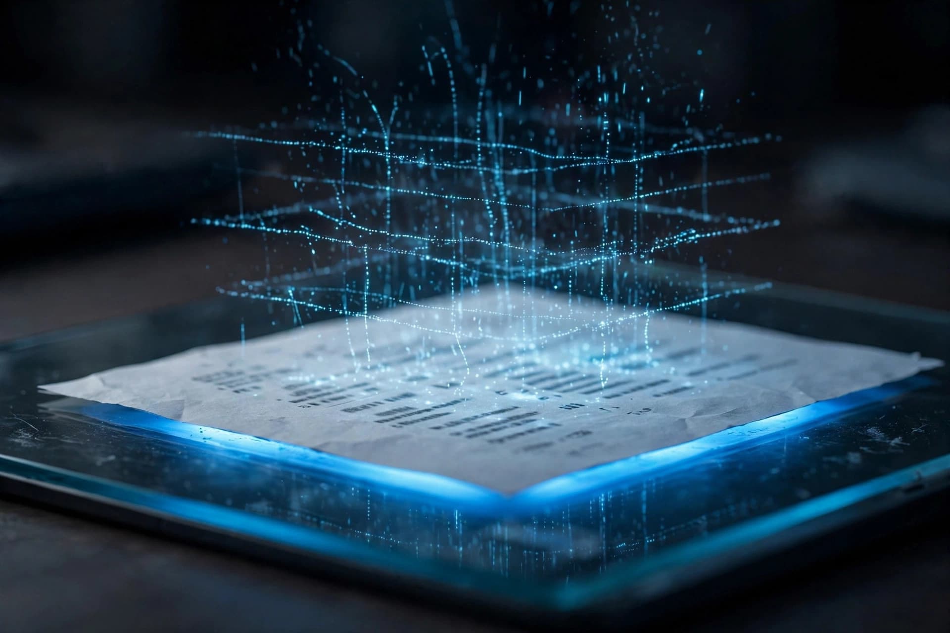 A paper document on a flatbed scanner with a glowing digital text layer rising off the printed page